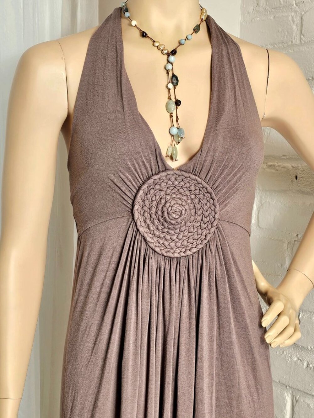 My Tribe Brown Halter Maxi Dress Size S Boho Rosette Tiered Resort Dress - Picture 4 of 11